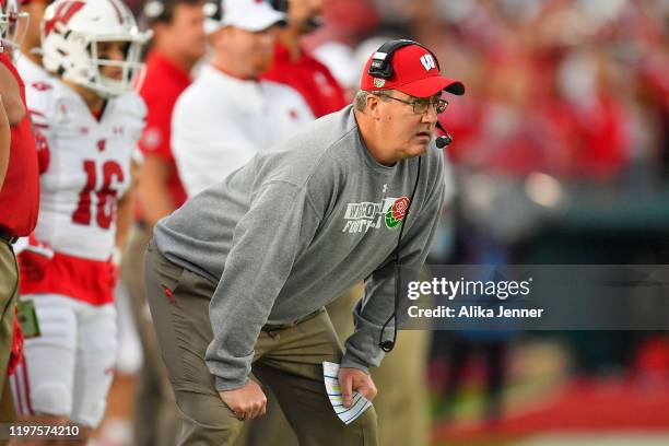 Head coach Paul Chryst of the Wisconsin Badgers watches from the sidelines during the third quarter of the game against the Oregon Ducks at the Rose...