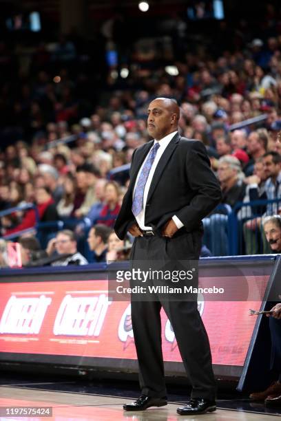 Head coach Lorenzo Romar of the Pepperdine Waves works from the sideline in the second half against the Gonzaga Bulldogs at McCarthey Athletic Center...