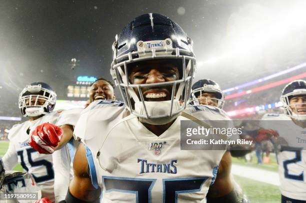 Logan Ryan of the Tennessee Titans celebrates their 20-13 win over the New England Patriots in the AFC Wild Card Playoff game at Gillette Stadium on...