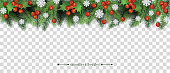 Seamless christmas border with green tree and holly branches and snowflakes.