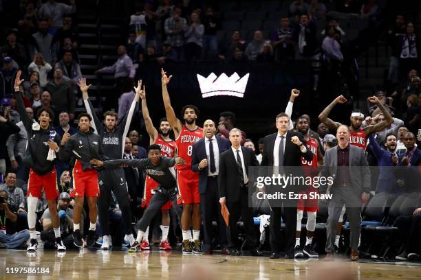 The New Orleans Pelicans bench celebrates after JJ Redick of the New Orleans Pelicans made the game winning shot over Richaun Holmes and Cory Joseph...