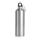 Silver Stainless Steel Aluminium Outdoor Hiking Glossy Metal Water Bottle with Cap & Handle Isolated on White Background.