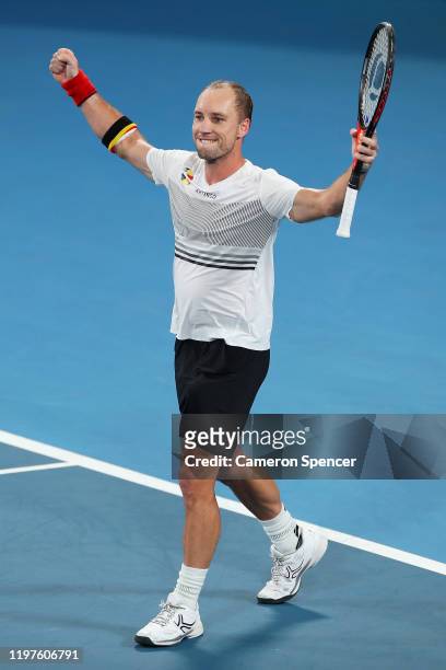 Steve Darcis of Belgium celebrates match point during his Group C singles match against Cameron Norrie of Great Britain during day three of the 2020...