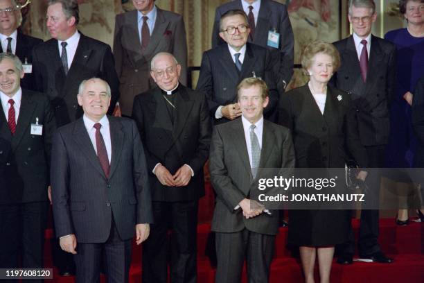 President of the Soviet Union Mikhail Gorbachev and his Czechoslovak counterpart Vaclav Havel pose for the photocall with the heads of states...