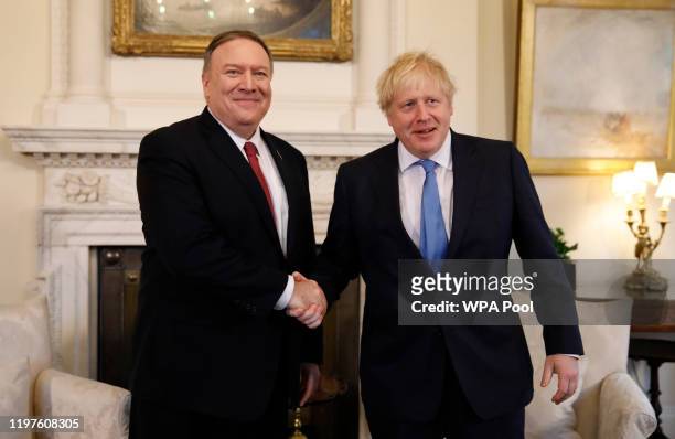 Secretary of State Mike Pompeo is welcomed by Britain's Prime Minister Boris Johnson as they meet at Downing Street on January 30, 2020 in London,...