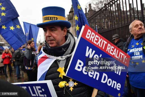 Anti-Brexit campaigner Steve Bray protests outside of the Houses of Parliament on January 30, 2020 in London, United Kingdom. At 11.00pm on Friday...