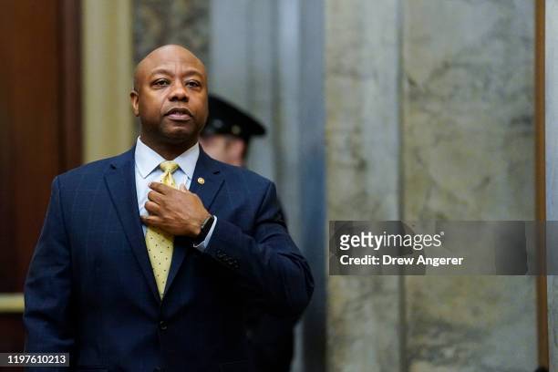 Sen. Tim Scott arrives at the U.S. Capitol as the Senate impeachment trial of U.S. President Donald Trump continues on January 30, 2020 in...