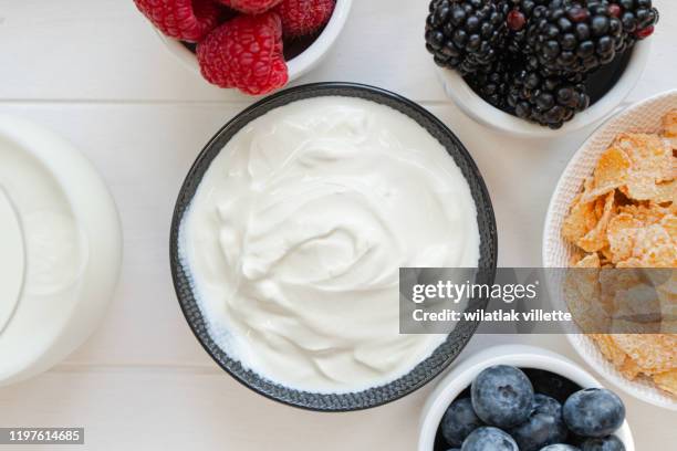 yoghurt with whole fresh blueberries, raspberries - greek yogurt stock pictures, royalty-free photos & images