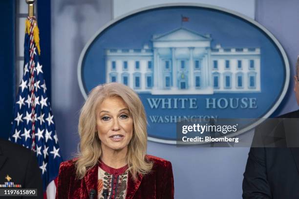 Kellyanne Conway, senior adviser to U.S. President Donald Trump, speaks during a news conference in the briefing room of the White House in...