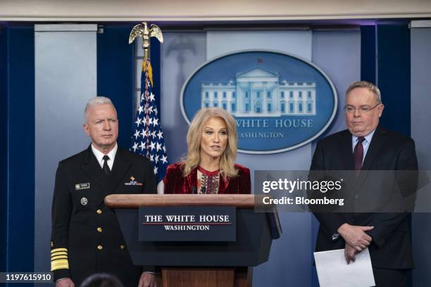 Kellyanne Conway, senior adviser to U.S. President Donald Trump, speaks during a news conference in the briefing room of the White House in...