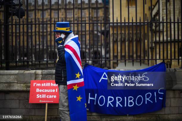 Pro-EU activists protest outside the Houses of Parliament on January 1, 2020 in London, England.. At 11.00pm on Friday 31st January the UK and...