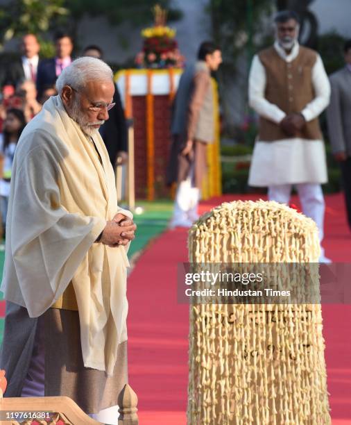 Prime Minister Narendra Modi pays homage to Mahatma Gandhi on his 72nd death anniversary, at Gandhi Smriti, on January 30, 2020 in New Delhi, India....