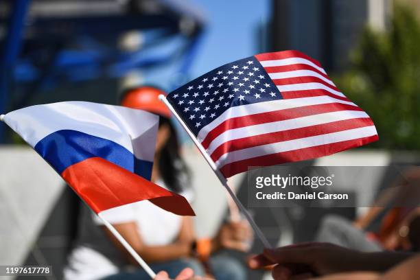 Team USA and Team Russia flags are waved during day three of the 2020 ATP Cup Group Stage at RAC Arena on January 05, 2020 in Perth, Australia.