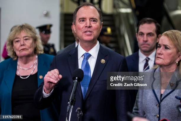 House Intelligence Committee Chairman Rep. Adam Schiff speaks to reporters in the Senate basement at the U.S. Capitol as the Senate impeachment trial...