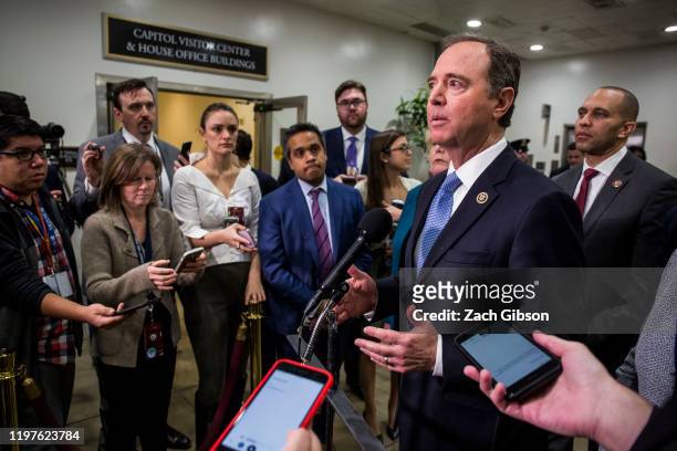 House Intelligence Committee Chairman Rep. Adam Schiff speaks to reporters in the Senate basement at the U.S. Capitol as the Senate impeachment trial...