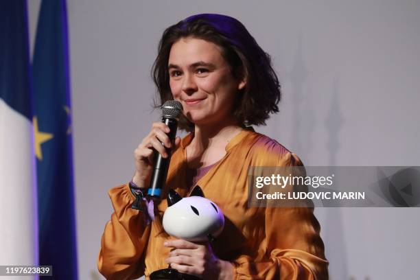 French comic books author Adele Maury gives a speech after receiving the "Prix du Jeune Talent" award during the "Prix Decouvertes" ceremony as part...