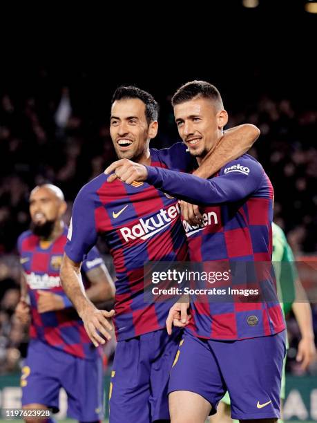Clement Lenglet of FC Barcelona celebrates 2-0 with Sergio Busquets of FC Barcelona during the Spanish Copa del Rey match between FC Barcelona v...
