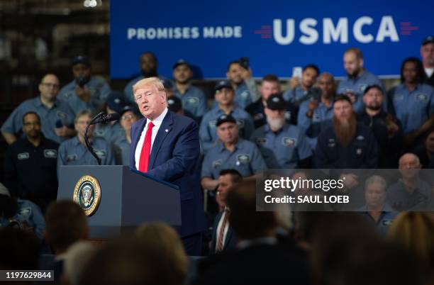 President Donald Trump speaks about the United States - Mexico - Canada agreement, known as USMCA, during a visit to Dana Incorporated, an auto...