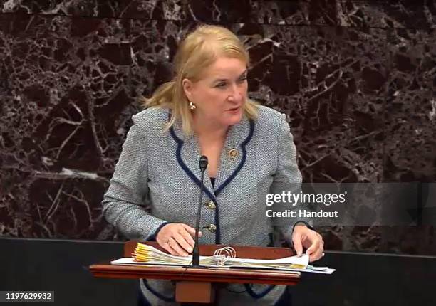 In this screengrab taken from a Senate Television webcast, Rep. Sylvia Garcia answers a question from a senator during impeachment proceedings in the...