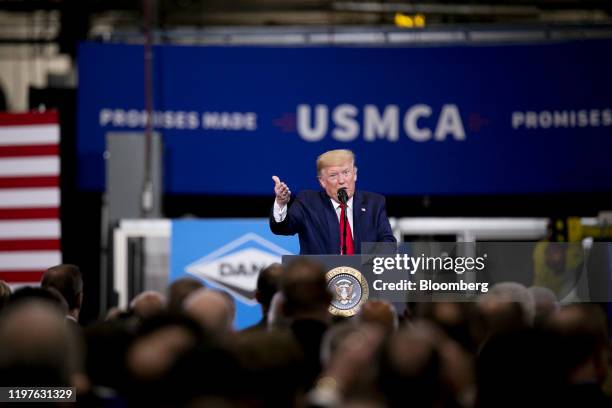 President Donald Trump gestures as he speaks during a visit to a Dana Inc. Manufacturing facility in Warren, Michigan, U.S., on Thursday, Jan. 30,...