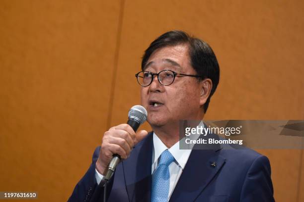 Osamu Masuko, chairman of Mitsubishi Motors Corp., speaks during a news conference in Yokohama, Japan, on Thursday, Jan. 30, 2020. As Nissan Motor...