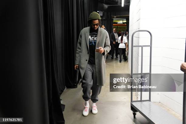 Angelo Russell of the Golden State Warriors arrives for the game against the Boston Celtics on January 30, 2020 at the TD Garden in Boston,...