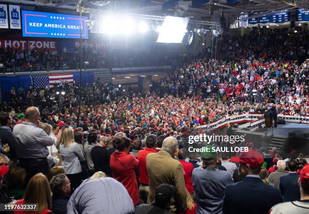 President Donald Trump speaks during a "Keep America Great" campaign rally at Drake University in Des Moines, Iowa, January 30, 2020.