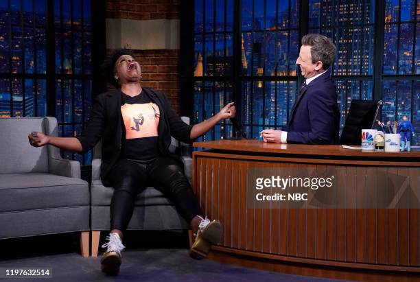 Episode 945 -- Pictured: Comedian Leslie Jones during an interview with host Seth Meyers on January 30, 2020 --