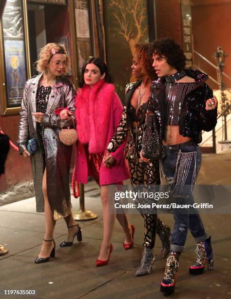 Julia Chan, Lucy Hale, Ashleigh Murray and Jonny Beauchamp are seen filming a scene on the set of "Katy Keene" on January 30, 2020 in New York City.