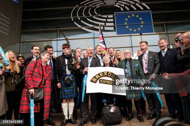 British Members of the European Parliament leave the European Parliament on January 31, 2020 in Brussels, Belgium. The United Kingdom is due to leave...