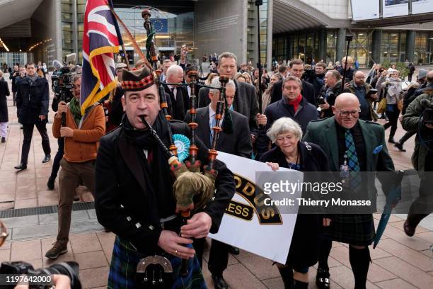 British Members of the European Parliament leave the European Parliament on January 31, 2020 in Brussels, Belgium. The United Kingdom is due to leave...