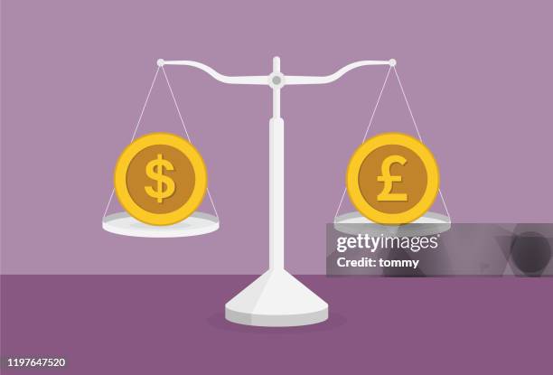 us dollar coin and uk pound coin on the scale - equal pay stock illustrations