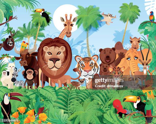 ilustraciones, imágenes clip art, dibujos animados e iconos de stock de bosque tropical y animales lindos - orangután