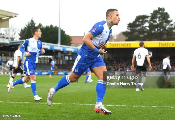 Jonson Clarke-Harris of Bristol Rovers celebrates after scoring his team's first goal during the FA Cup Third Round match between Bristol Rovers and...