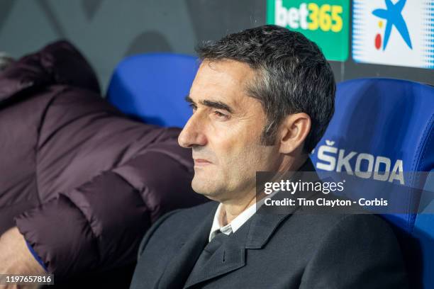 January 04: Ernesto Valverde, head coach of Barcelona, in the dugout during the Espanyol V Barcelona, La Liga regular season match at RCDE Stadium on...