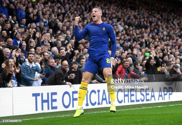 Ross Barkley of Chelsea celebrates after scoring his team's second goal during the FA Cup Third Round match between Chelsea and Nottingham Forest at...