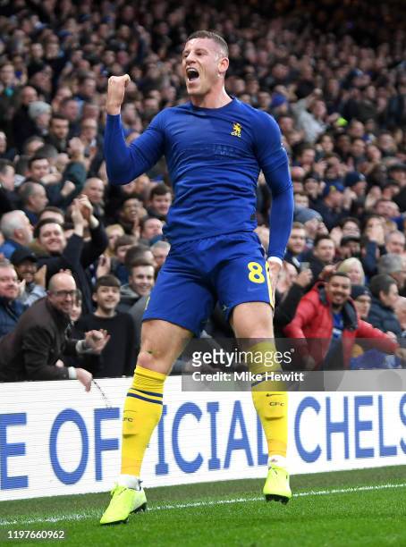 Ross Barkley of Chelsea celebrates after scoring his team's second goal during the FA Cup Third Round match between Chelsea and Nottingham Forest at...