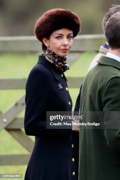 Rose Hanbury, Marchioness of Cholmondeley attends Sunday service at the Church of St Mary Magdalene on the Sandringham estate on January 5, 2020 in...