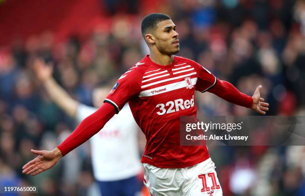 Ashley Fletcher of Middlesbrough celebrates after scoring his team's first goal during the FA Cup Third Round match between Middlesbrough and...