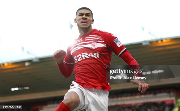 Ashley Fletcher of Middlesbrough celebrates after scoring his team's first goal during the FA Cup Third Round match between Middlesbrough and...