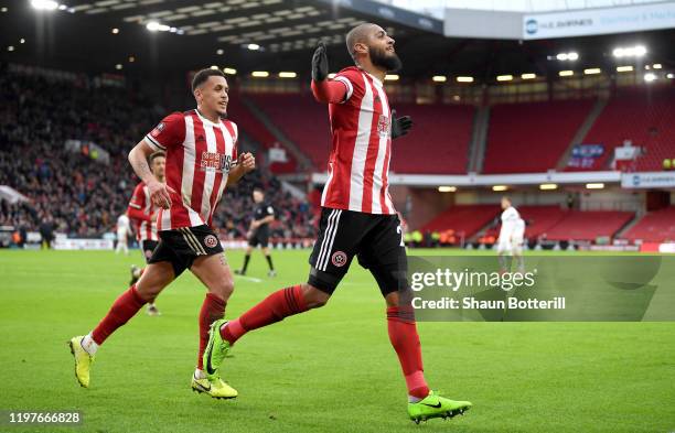 Leon Clarke of Sheffield United celebrates after scoring his team's second goal during the FA Cup Third Round match between Sheffield United and AFC...
