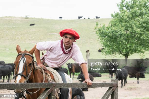 junge argentinische gaucho öffnung corral tor auf dem pferd - pampa argentine stock-fotos und bilder