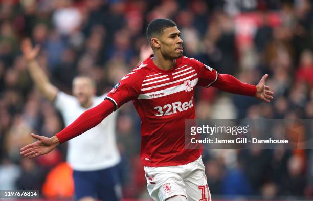 Ashley Fletcher of Middlesbrough celebrates after scoring his team's first goal during the FA Cup Third Round match between Middlesbrough and...