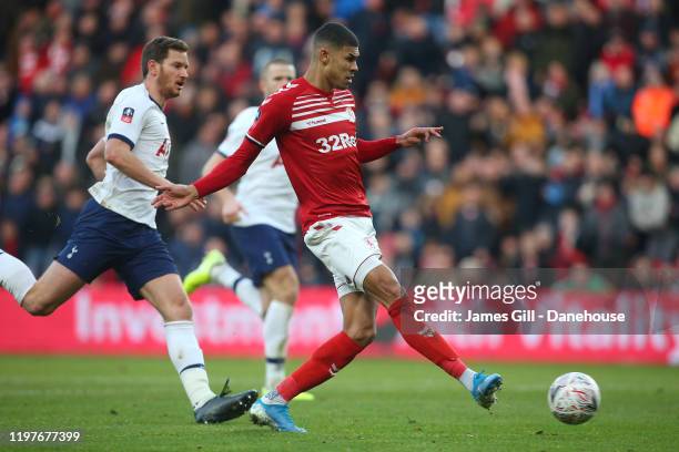 Ashley Fletcher of Middlesbrough scores his team's first goal during the FA Cup Third Round match between Middlesbrough and Tottenham Hotspur at...