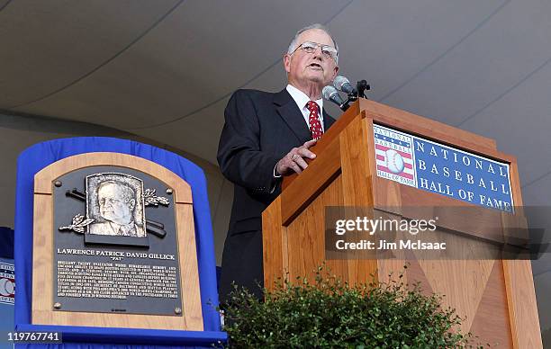 Pat Gillick gives his speech at Clark Sports Center during the Baseball Hall of Fame induction ceremony on July 24, 2011 in Cooperstown, New...
