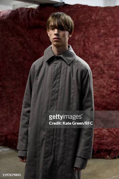 Model walks the runway at the Omar Afridi Presentation during London Fashion Week Men's January 2020 at the Dray Walk Gallery on January 05, 2020 in...