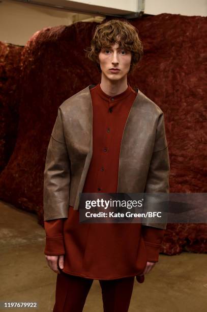 Model walks the runway at the Omar Afridi Presentation during London Fashion Week Men's January 2020 at the Dray Walk Gallery on January 05, 2020 in...