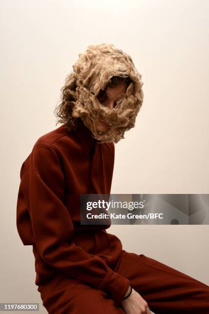 Model poses at the Omar Afridi Presentation during London Fashion Week Men's January 2020 at the Dray Walk Gallery on January 05, 2020 in London,...