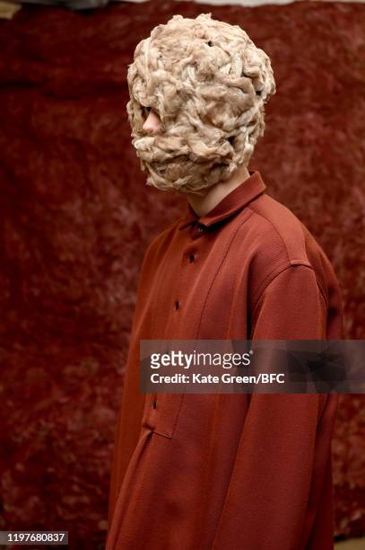 Model poses at the Omar Afridi Presentation during London Fashion Week Men's January 2020 at the Dray Walk Gallery on January 05, 2020 in London,...