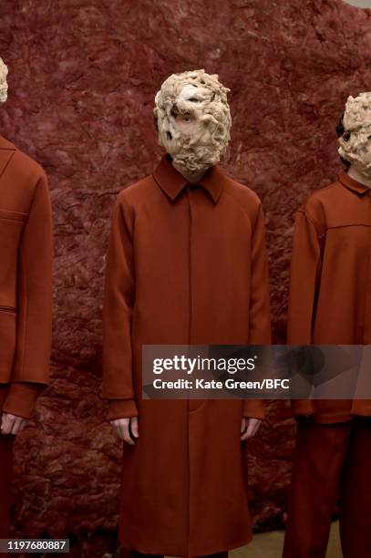 Models walk the runway at the Omar Afridi Presentation during London Fashion Week Men's January 2020 at the Dray Walk Gallery on January 05, 2020 in...